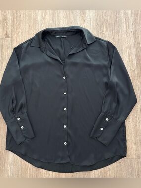 Zara Black Satin-Look Long Sleeve Button Down Blouse Large